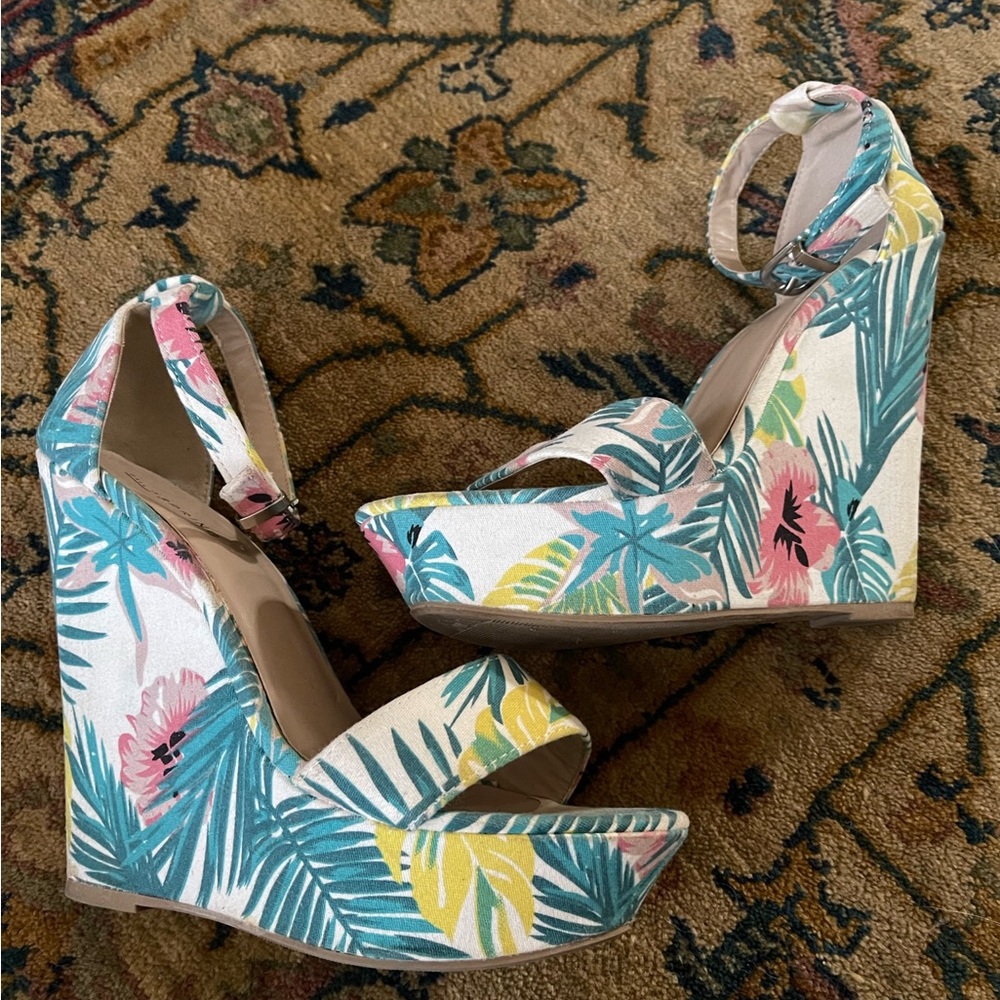 Call It Spring tropical floral print canvas wedges